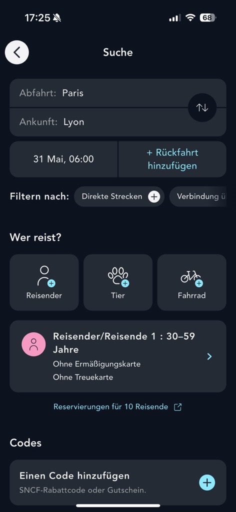 Visuelle Darstellung der Seite für die Fahrkartensuche in der App SNCF Connect